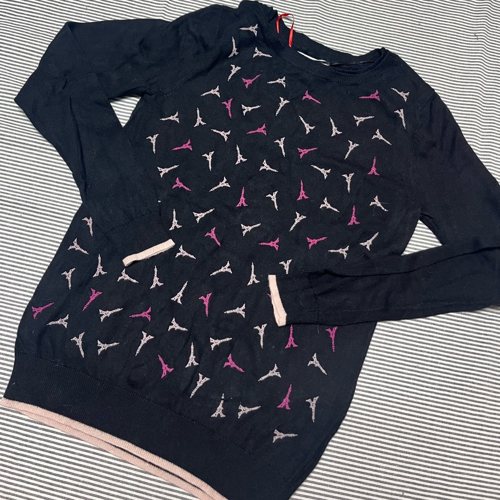 ELLE Eiffel Tower Embroidered Black Sweater NWOT S